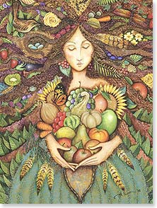 Goddess holding arms full of fruit