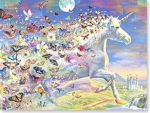 Unicorn running with butterflies