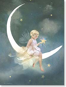 Blonde angel sitting in crescent moon