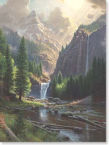 Waterfall, sunlight on mountain valley