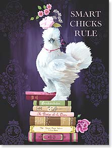 Fancy chicken on a stack of books