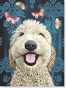 GOLDEN DOODLE SMILING WITH BUTTERFLIES