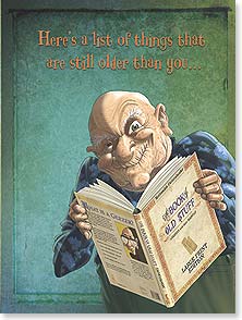 Funny cartoon of old man reading book