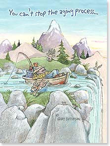 Guy asleep on a rowboat headed towards waterfall