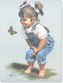 Pig tailed girl in coveralls looking at butterfly