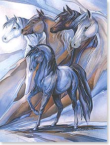 Five horses with whimsy background