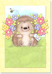 Hedgehog holding flower bouquets