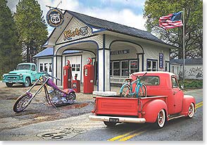 Vintage gas station with chopper truck