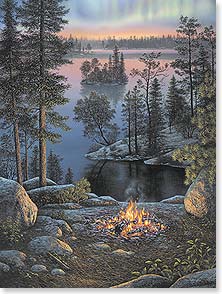 painting of a campfire at the side of a lake under the northern lights