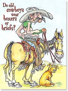 a cartoon of an old cowboy with a muffin top over his pants riding on horseback