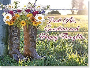 cowboy boots filled with flowers standing by a fence at sunset