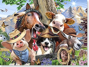 a group of farm animals and a dog wearing western-wear and smiling