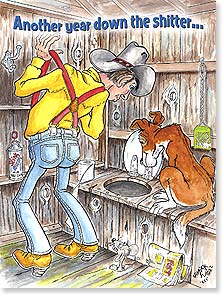 a cowboy and his dog looking down into the hole in an outhouse