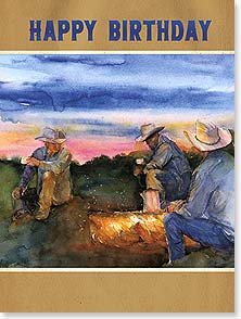 a painting of three cowboys gathered around a campfire at sunset