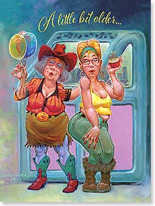 two women in western attire holding balloons and a cupcake dance next to a jukebox