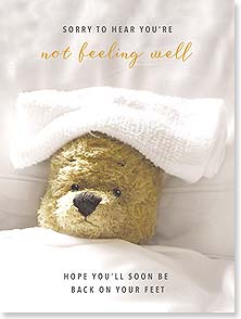 TEDDY BEAR SICK IN BED with wash towel on head