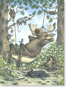 Cartoon of moose lounging in a hammock with other critters around