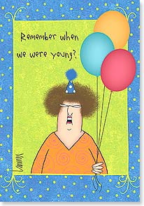 Cartoon of middle aged woman with balloons