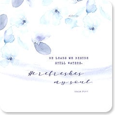 pale blue flower petals rain down over a quote of Psalm 23:2-3