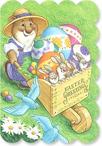 Cute critter pushing wagon with bunnies and Easter eggs