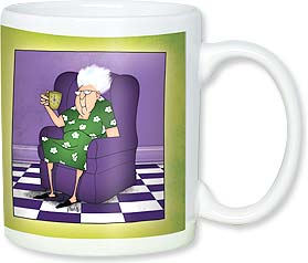 Woman sitting in purple chair holds coffee mug