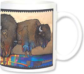 Three buffaloes on colorful mosaic