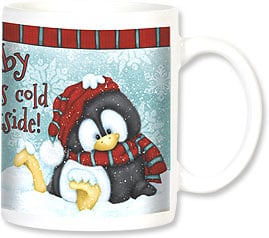 Penguin with hat and scarf sitting in the snow