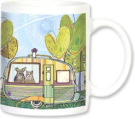 Camper with dog and cat in window