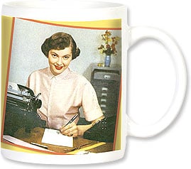 retro woman at desk with notepad and typewriter