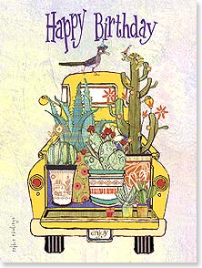 YELLOW TRUCK FILLED WITH potted CACTUS and  ROADRUNNER on roof