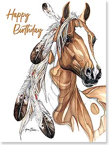 BROWN AND WHITE HORSE WITH FEATHERS