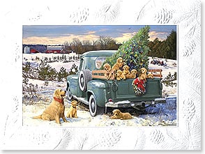 Old truck in Farm Yard with puppies and Christmas tree in the bed