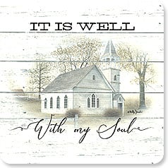 the words 'it is well with my soul' surround a scene of a church in a field