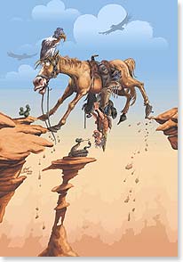 Cowboy dangling from under horse