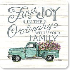 the words 'find joy in the ordinary with your family' appear over a vintage truck with flowers