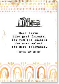 Good Books, Good Friends typewriter copy with hand-drawn books