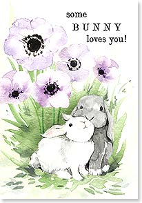 BUNNIES NUZZLING IN FLOWER PATCH