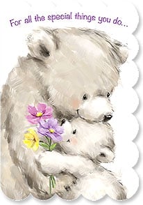 BABY BEAR HOLDS FLOWERS, HUGS MAMA BEAR