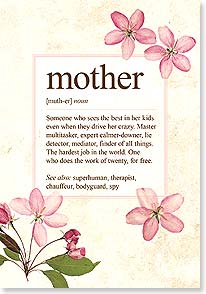 A text box containing a definition of 'mother' surrounded by painted pink flowers