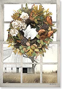 Fall wreath on window with white barn in background