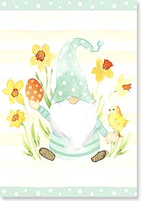 GNOME WITH CHICK EASTER EGG AND DAFFODILS