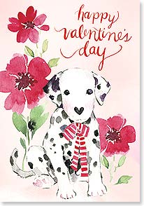 a dalmatian puppy with a heart nose wearing a scarf sits in front of some painted flowers