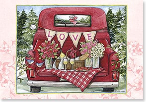 a drawing of an antique pickup truck with a romantic picnic set up in the bed