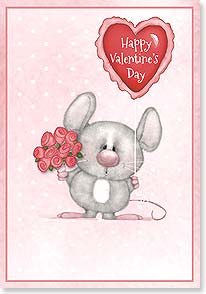 a cartoon mouse holding a heart balloon and a bouquet of roses