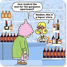 Aunty Acid standing in liquor store