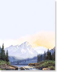 Mtn stream, lake, mtn peaks, sunset