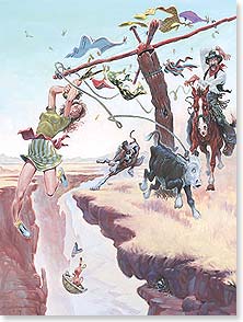 a woman hangs over a cliff from a clothesline while a man rides up on horseback