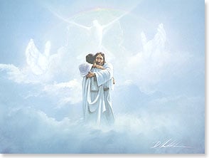 Jesus embracing man in heaven