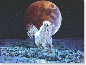 Horse running in waves with full moon