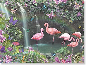 Flamingos next to waterfall with flowers